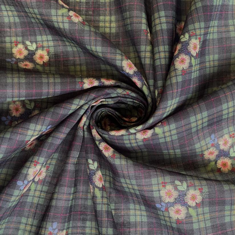 Tissu voile tartan fleuri
