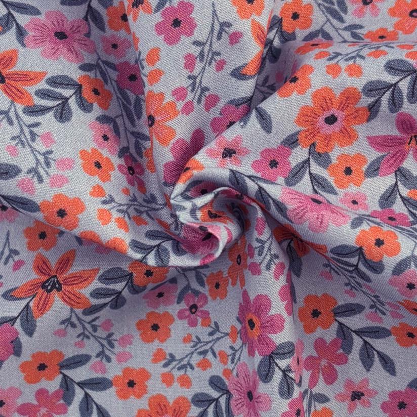 Tissu coton au mètre ex2649 fleuri ciel rose orange