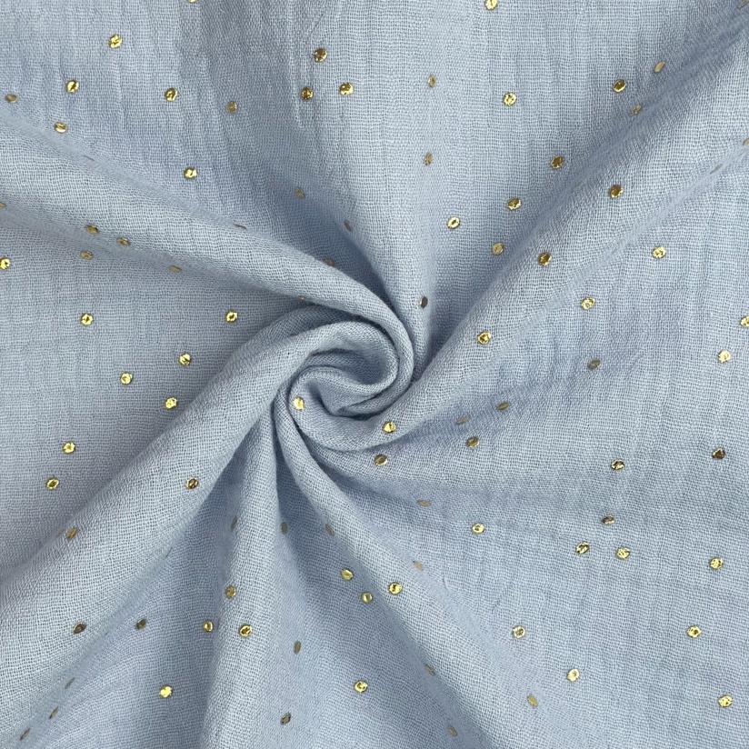 Tissu gaze pois or bleu baltique