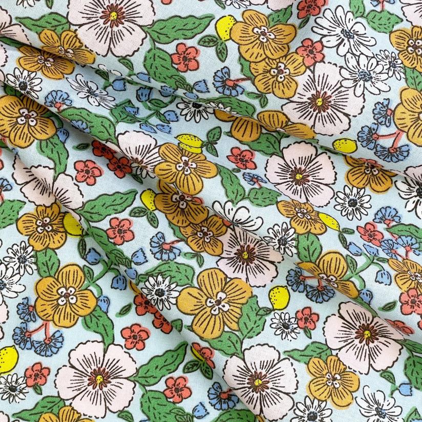 Tissu coton au mètre ex2525 fleurs et citrons vert jaune