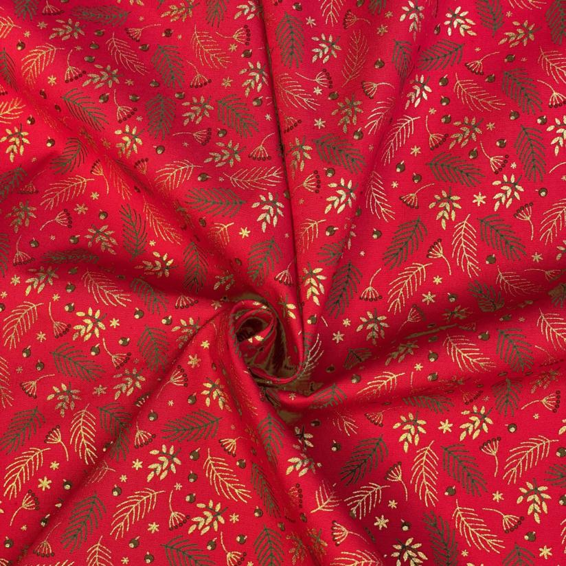 Tissu coton au mètre ex2557 noel mini feuillage houx or rouge