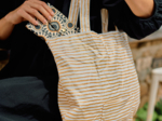 Sac tote bag pliable rayé or blanc