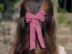 Barrette noeud ruban moyenne gaze pois or rose sorbet
