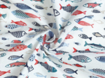 Tissu coton au mètre ex2526 sardines graphiques blanc