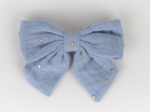 Barrette noeud papillon gaze pois or bleu baltique